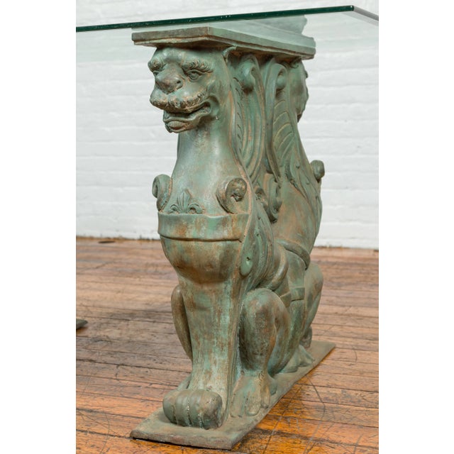 Vintage Bronze Double Mythical Figures Table Base with Verde Patina For Sale - Image 11 of 13