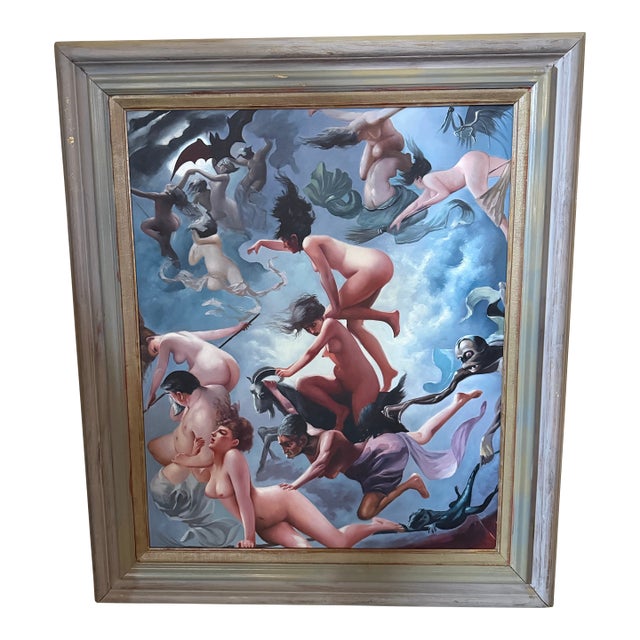 Vintage Oil Painting Witches Going to Their Sabbath After Luis Ricardo Falero For Sale