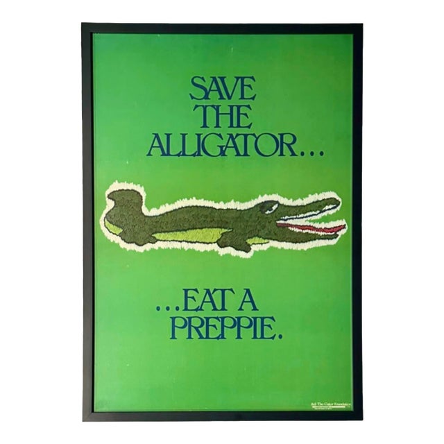 Vintage “Save the Alligator… Eat a Preppie” Framed Poster 1981 For Sale