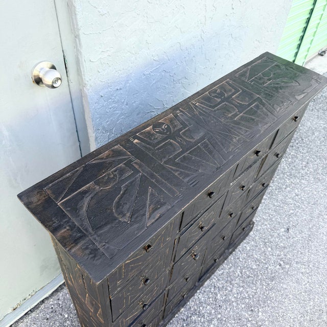 Vintage Wooden Hand Carved Tribal Apothecary Dresser For Sale - Image 4 of 9