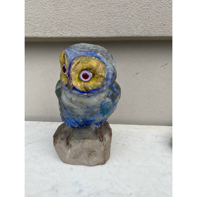 Rare Terracotta Majolica Owl signed Filmont Bavent Normandy.