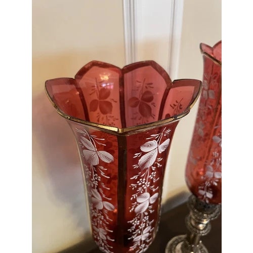 Red Pair of Antique Silver Plate Candle Holders With Red Glass Mary Gregory Hurricanes For Sale - Image 8 of 12