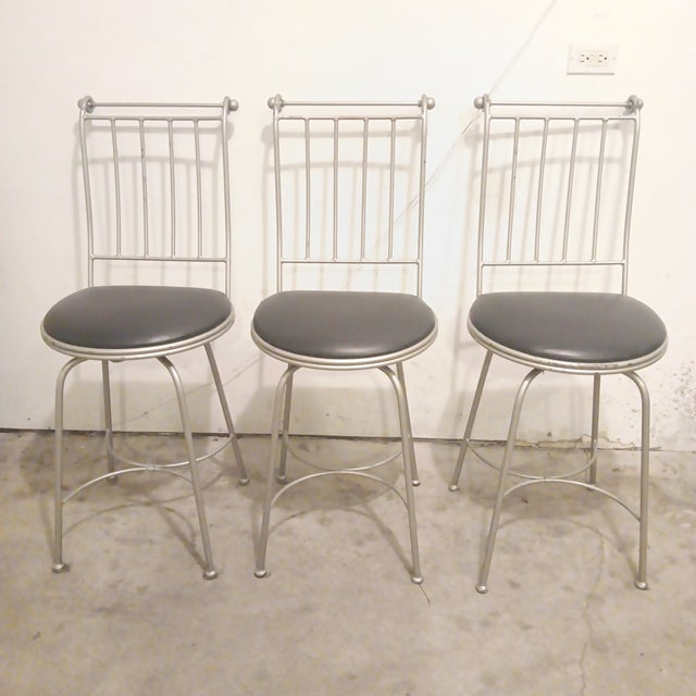 Vintage Charleston Forge Swivel Barstool With Black Upholstered Seat - 3 Pc Set. Wrought Iron powdered coated with a...