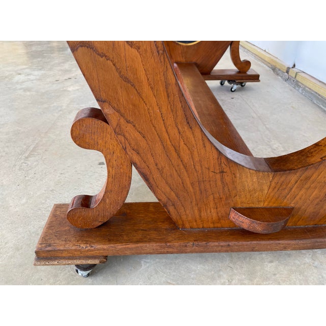 Beautiful antique French oak trestle table with double lyre base. Signed: “Cortenken Lehans No. 33, 10 September 1956,...