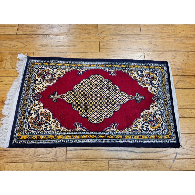Vintage Qum Area Rug, Hand-Knotted Wool, Geometric Medallion Pattern, 3x5, Red & Navy For Sale - Image 4 of 18