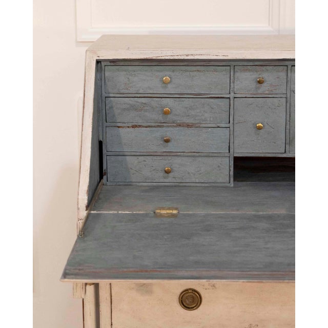 Wood 19th-Century Swedish Bureau With Carved Columns And Blue-Painted Interior For Sale - Image 7 of 13