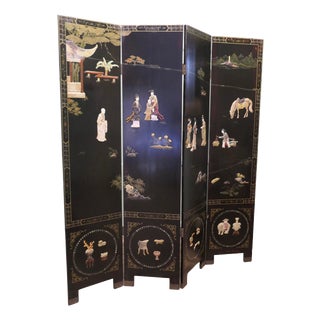 Japanese Lacquered and Painted Folding Screen, 1930s For Sale