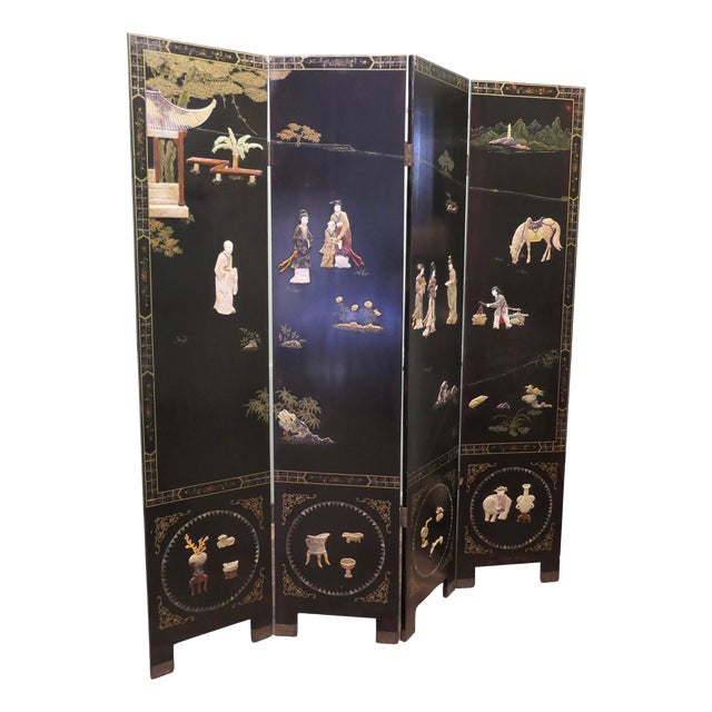 Japanese Lacquered and Painted Folding Screen, 1930s For Sale