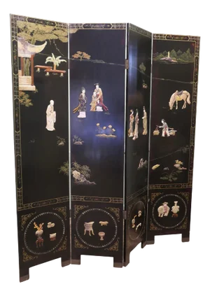 Japanese Lacquered and Painted Folding Screen, 1930s