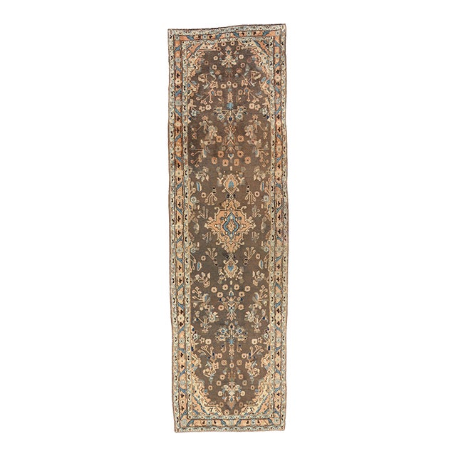 Vintage Earth-Tone Persian Hamadan Rug Runner, 03'11 X 13'02. For Sale