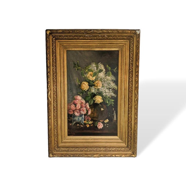 Rose Late 19th Century Still Life of Yellow Roses Oil Painting on Canvas, English For Sale - Image 8 of 8