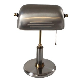 Vintage Art Deco Bankers Stainless Steel & Brass Desk Lamp For Sale