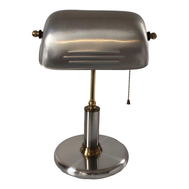 Vintage Art Deco Bankers Stainless Steel & Brass Desk Lamp For Sale