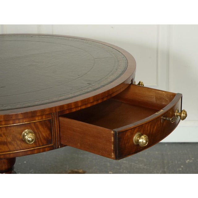 Fine Regency Drum Top Library Table with Aged Green Leather Top For Sale - Image 6 of 15