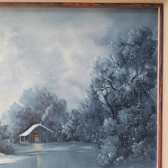 Cabin VTG Oil Painting 25"x21" Canvas Snow Cabin Stream Trees Water SGN Bd Pollard '93 For Sale - Image 3 of 18