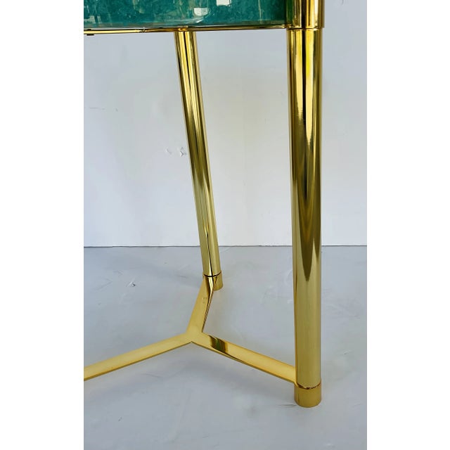Original retail $1090, stylish Port 68 Modern Turquoise Quartz Stoneridge Accent Table, brass base, showroom floor sample