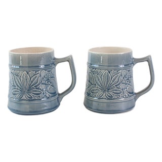 Vintage Dry Botanical Blue Mugs, 1970s, Set of 2 For Sale