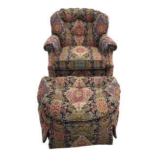 Late 20th Century Tapestry Club Chair and Ottoman For Sale