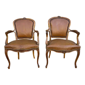 Mid 20th Century Pair Louis XV Style Fruitwood Carved Armchairs