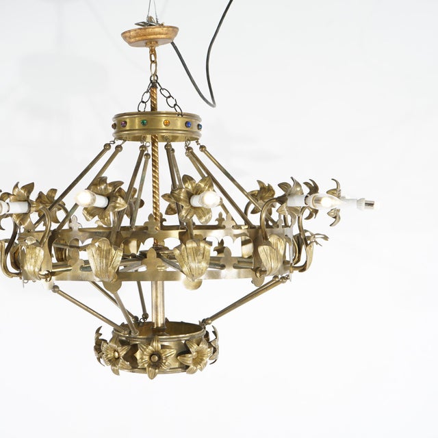 Antique French Fleur-de-Lis Design Brass & Jeweled Twelve-Light Chandelier 1930 For Sale - Image 9 of 12