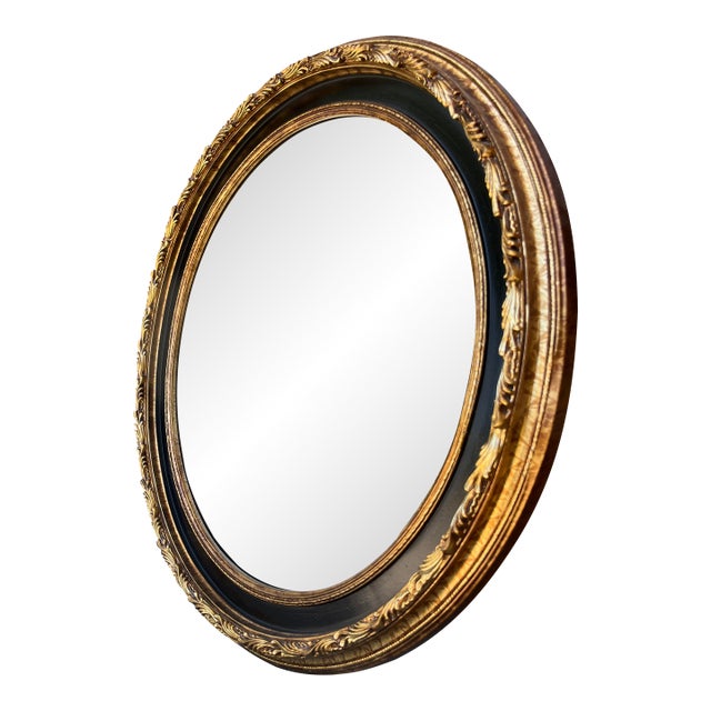 Ethan Allen Gold Gilt Wood With Black Round Mirror For Sale