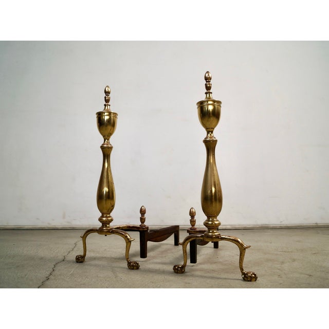 1930’s Solid Brass & Iron Andirons by Bennett - A Pair For Sale In Los Angeles - Image 6 of 12