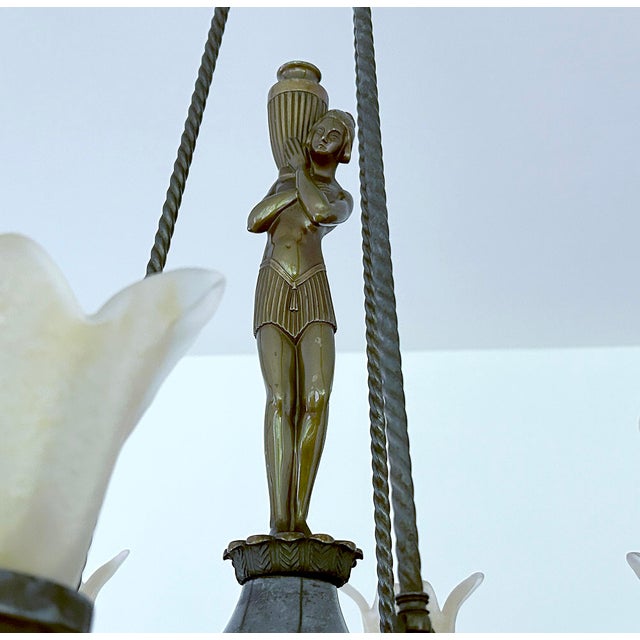 Large Art Deco Sculptural Chandelier in Bronze and Glass, 1930s For Sale - Image 13 of 18