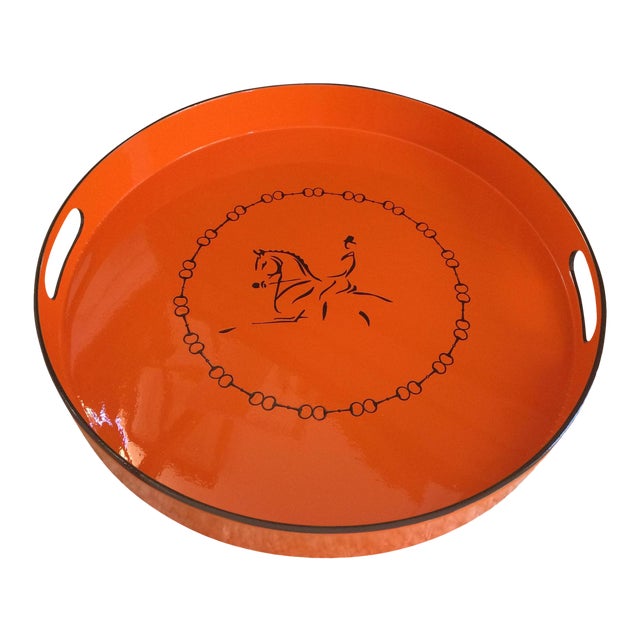 Equestrian Motif Hermes Style Orange Lacquered Serving Bar Tray For Sale