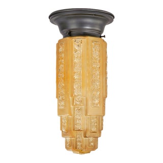 Art Deco Flush Mount Fixture With Multi Tiered Amber Glass Shade For Sale
