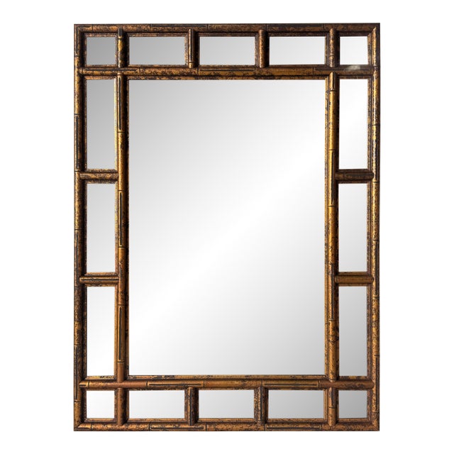 Hollywood Regency Faux Bamboo Carved Wall Mirror With Tortoise Shell Finish/Sold For Sale
