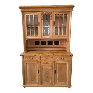 Antique Art Nouveau Pine Hutch With Floral Tiles and Leaded Glass