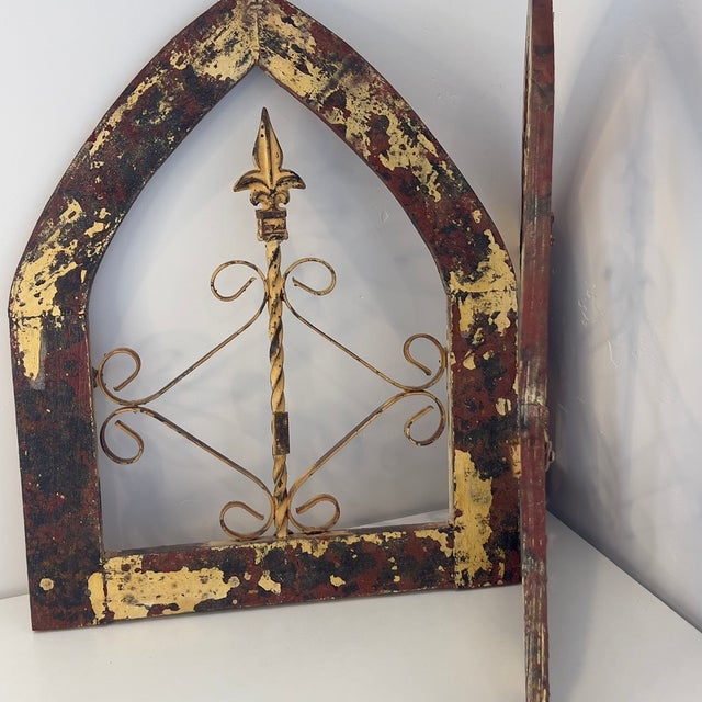 Farmhouse Rustic Farmhouse Gothic Style Arched Window Fleur-De-Lis Red Yellow Chipped Wood Hanging Wall Decor, Set of 2 For Sale - Image 3 of 14