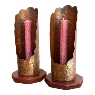 Mid 20th Century Hammered Copper Scalloped Candlestick Holders on Wood Base For Sale
