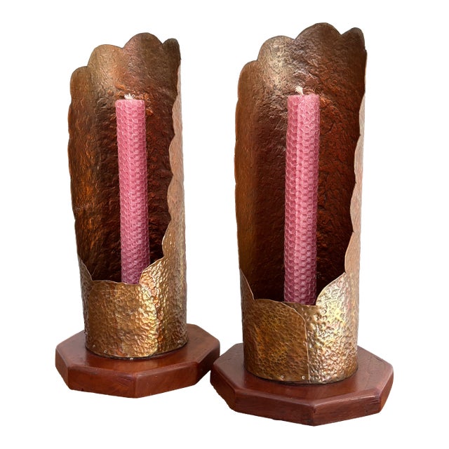 Mid 20th Century Hammered Copper Scalloped Candlestick Holders on Wood Base For Sale