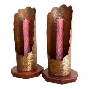 Mid 20th Century Hammered Copper Scalloped Candlestick Holders on Wood Base