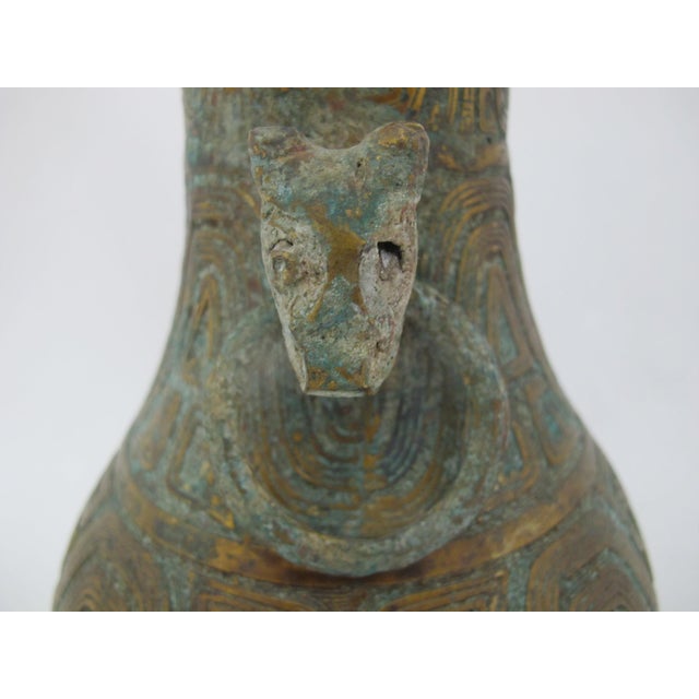 Metal Chinese Archaic Gilt Bronze Ware Ritual Wine Hu Vessel With Beast Handles For Sale - Image 7 of 11