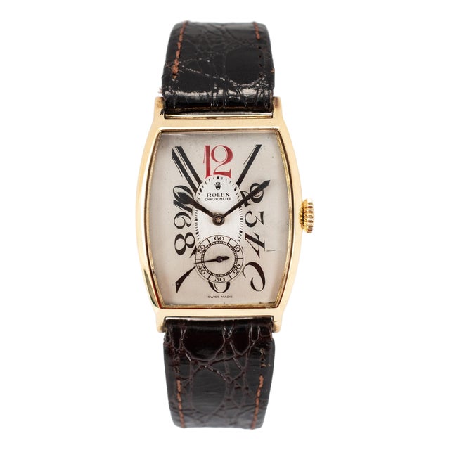 Antique Art-Deco Rolex 26mmx38mm Tonneau Sub Seconds Arabic 9k Gold Manual Watch For Sale