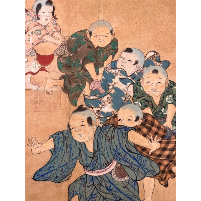 Japanese Antique Japanese Painting on Paper Children at Play Silk Trim 31” X 22.5” For Sale - Image 3 of 10