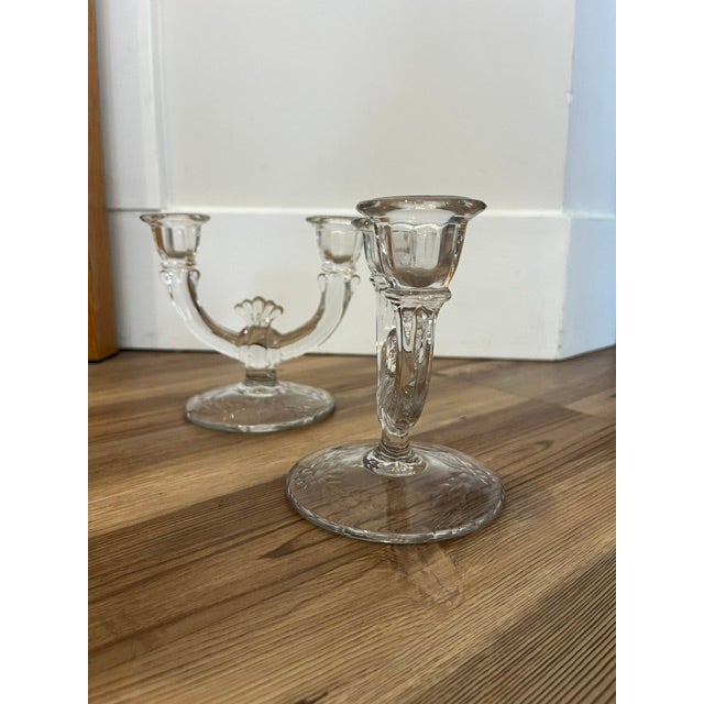 Antique Mid-Century Modern Paden City Lucy Pattern Clear Glass Twin Arm Double Candelabras - Pair For Sale - Image 10 of 10
