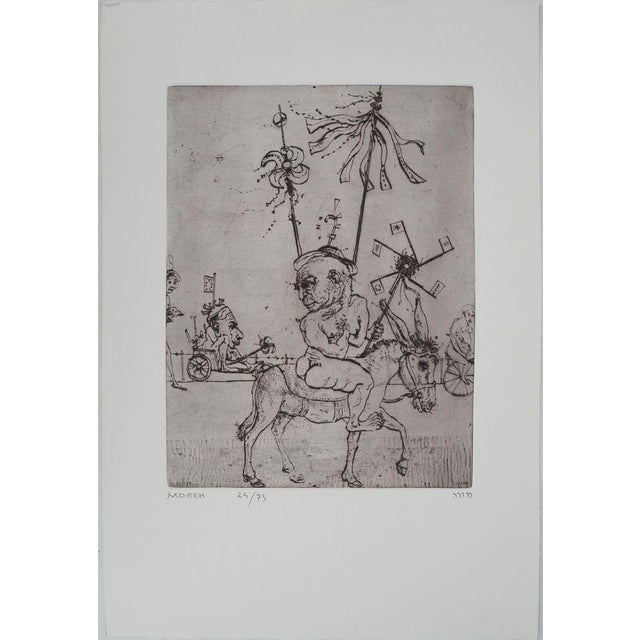 Modern Mordecai Moreh, The Donkey and the Acrobat, 1968, Original Signed Copper Engraving For Sale - Image 3 of 6