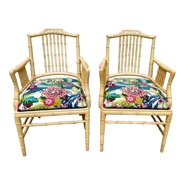 Vintage Faux Bamboo Arm Chairs With Birds a Pair Chairish