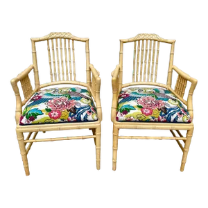Vintage Faux Bamboo Arm Chairs With Birds - a Pair
