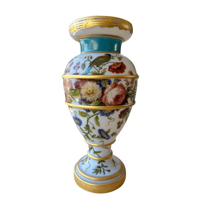This is an exceptionally large French enameled opaline glass vase, dating from around 1845. The vase showcases masterful...