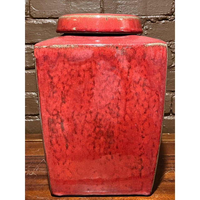 Rustic Large Heavy Red Oxblood Glazed Ceramic Square Ginger Jar Canister 14" For Sale - Image 3 of 9
