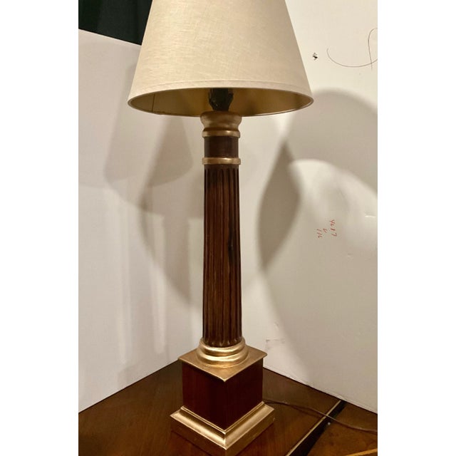 English 1940s Hand Carved Fluted Column With Ionic Capital Accent Lamp and Restoration Hardware Linen Shade For Sale - Image 3 of 9