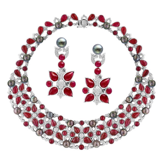 Gia Certified 140 Ct Burma Ruby, Tahitian Pearl & Diamond Necklace Suite 18kwg For Sale