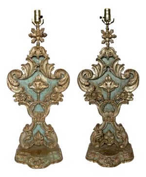 Large 19th Century Pair Indo-Portuguese Painted Teak Reliquary One-Socket Table Lamps