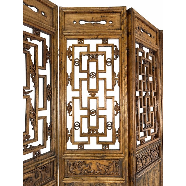 Large Antique Asian Carved Elm Four Panel Folding Screen Room Divider For Sale In Salt Lake City - Image 6 of 18