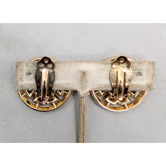 Metal Vintage Late 1950s Signed Crown Trifari Round Goldtone Celtic Knot Clip Earrings- 2 Pieces For Sale - Image 7 of 7