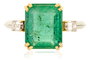 Two Tone 18k Gold Genuine Emerald Three Stone Ring Size 7